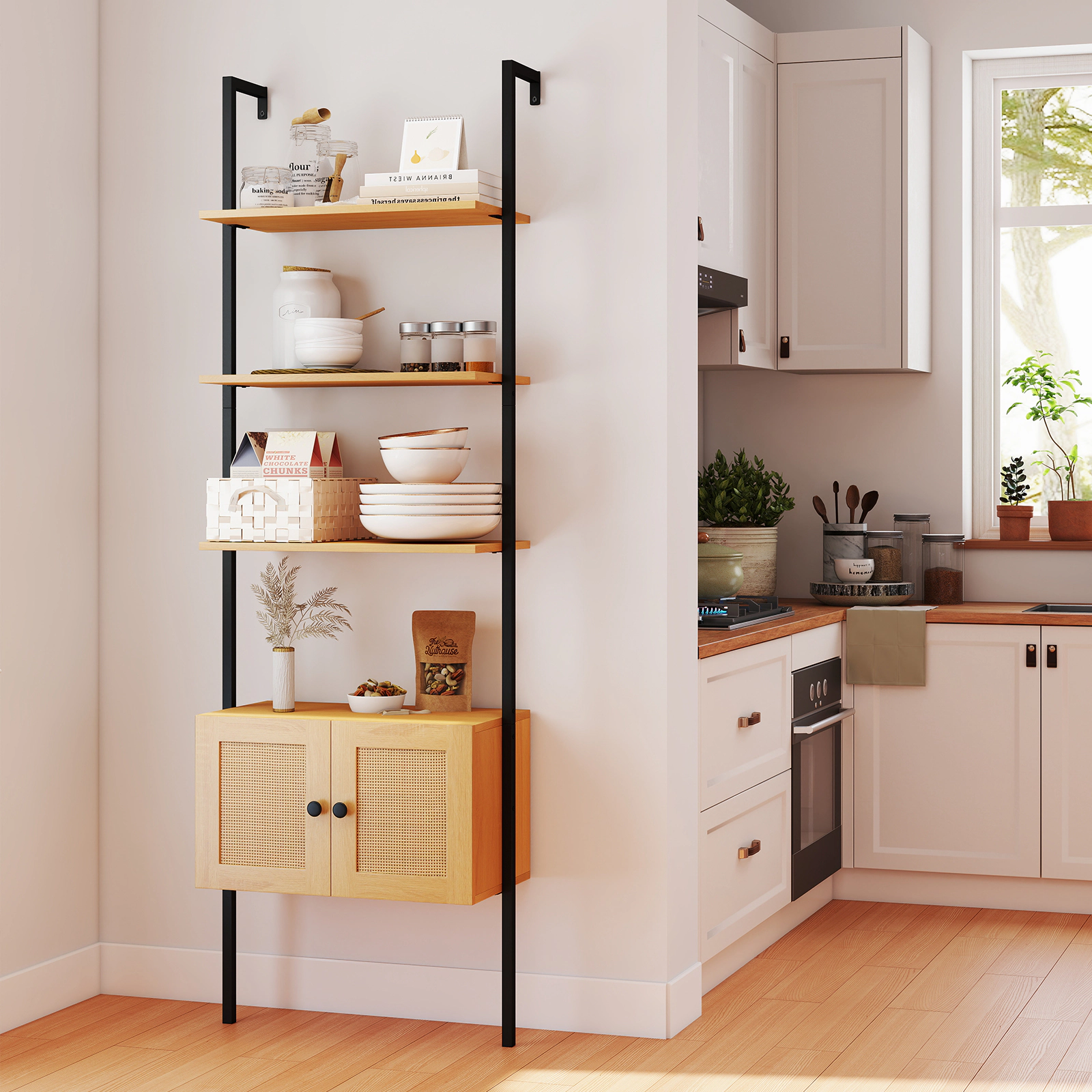 SUGIFT Natural 5-Tier Ladder Bookcase with PE Rattan Cabinet and Metal Frame