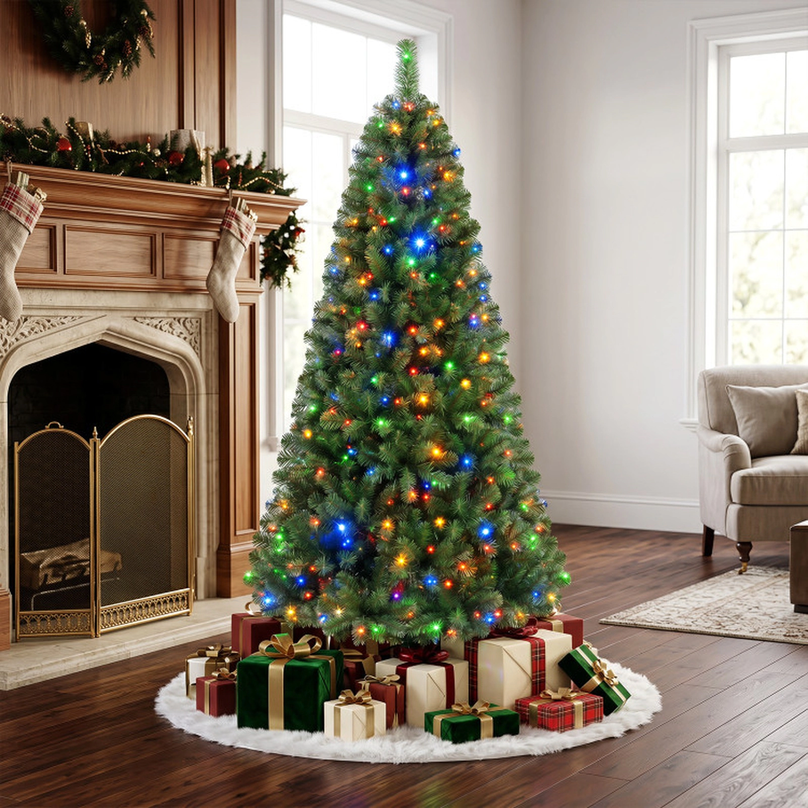 SUGIFT 7-ft Green Pre-Lit Artificial Christmas Tree with 500 LED Lights 1181 Tips Remote and 9 Light Modes