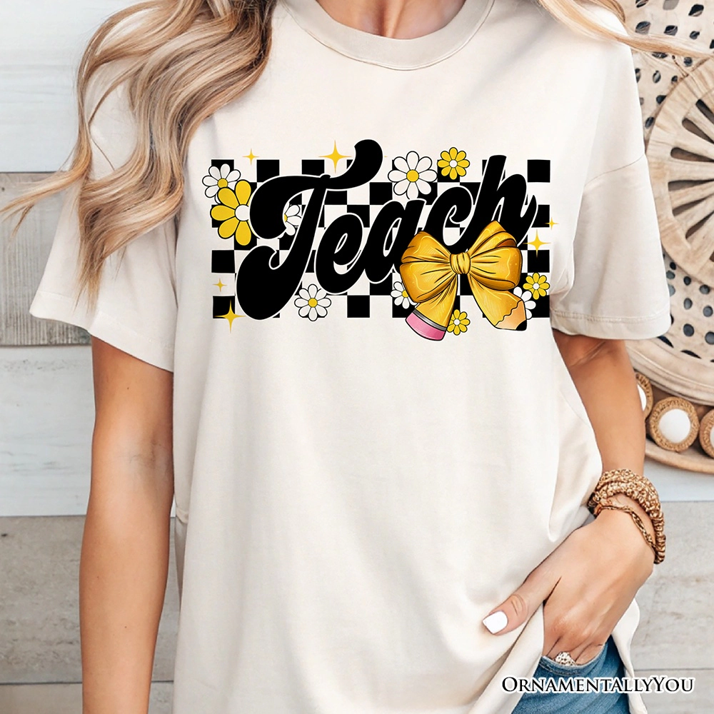 OrnamentallyYou Womens Teach Checkered Coquette Bow T-Shirt