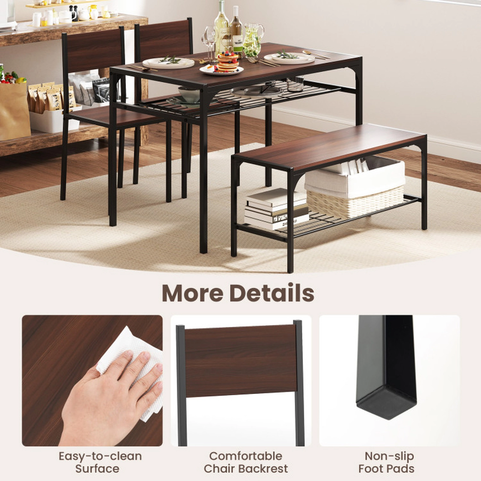 SUGIFT 4-Piece 43-Inch Industrial Dining Set with Table, Bench, 2 Chairs and Storage Shelves