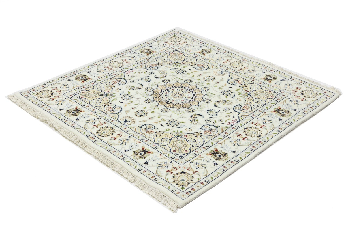 Magic Rugs 4'2 x 4'2 Hand Knotted Indo-Nain Cream Floral Wool Square Rug