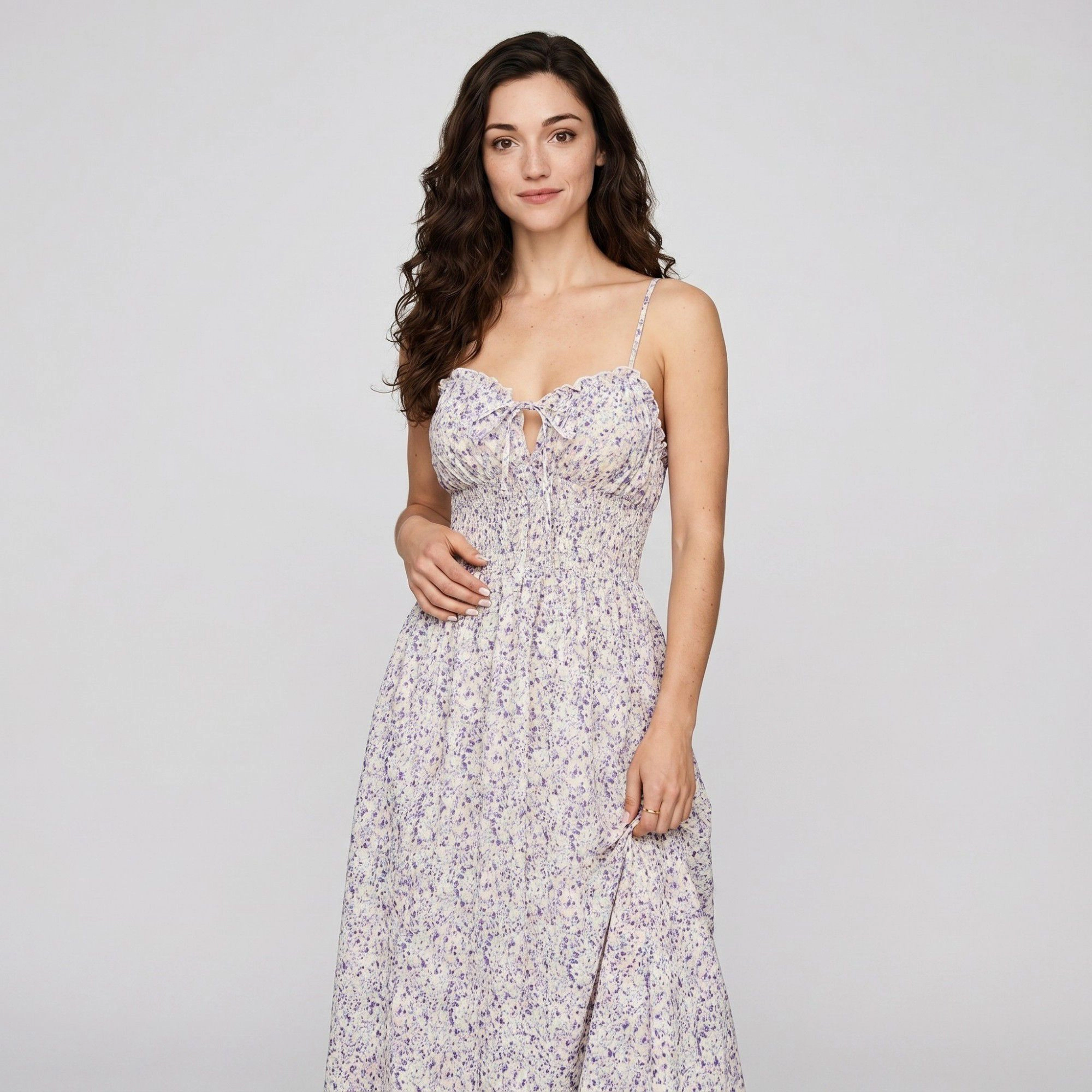 Anna-Kaci Women's Floral Print Smocked Bodice Tie Front Sweetheart Neckline Slim Straps Maxi Dress