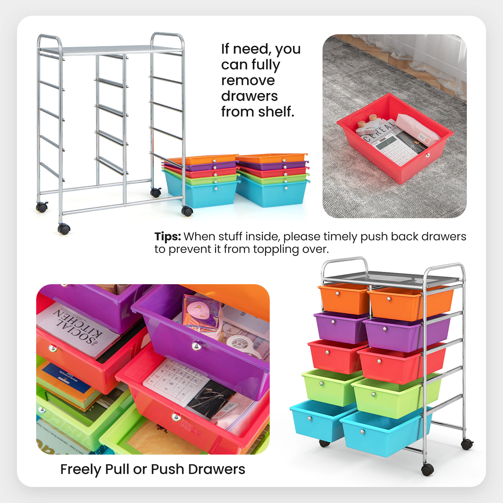 SUGIFT 10-Drawer Rolling Storage Cart with 5 Deep Drawers and Locking Wheels