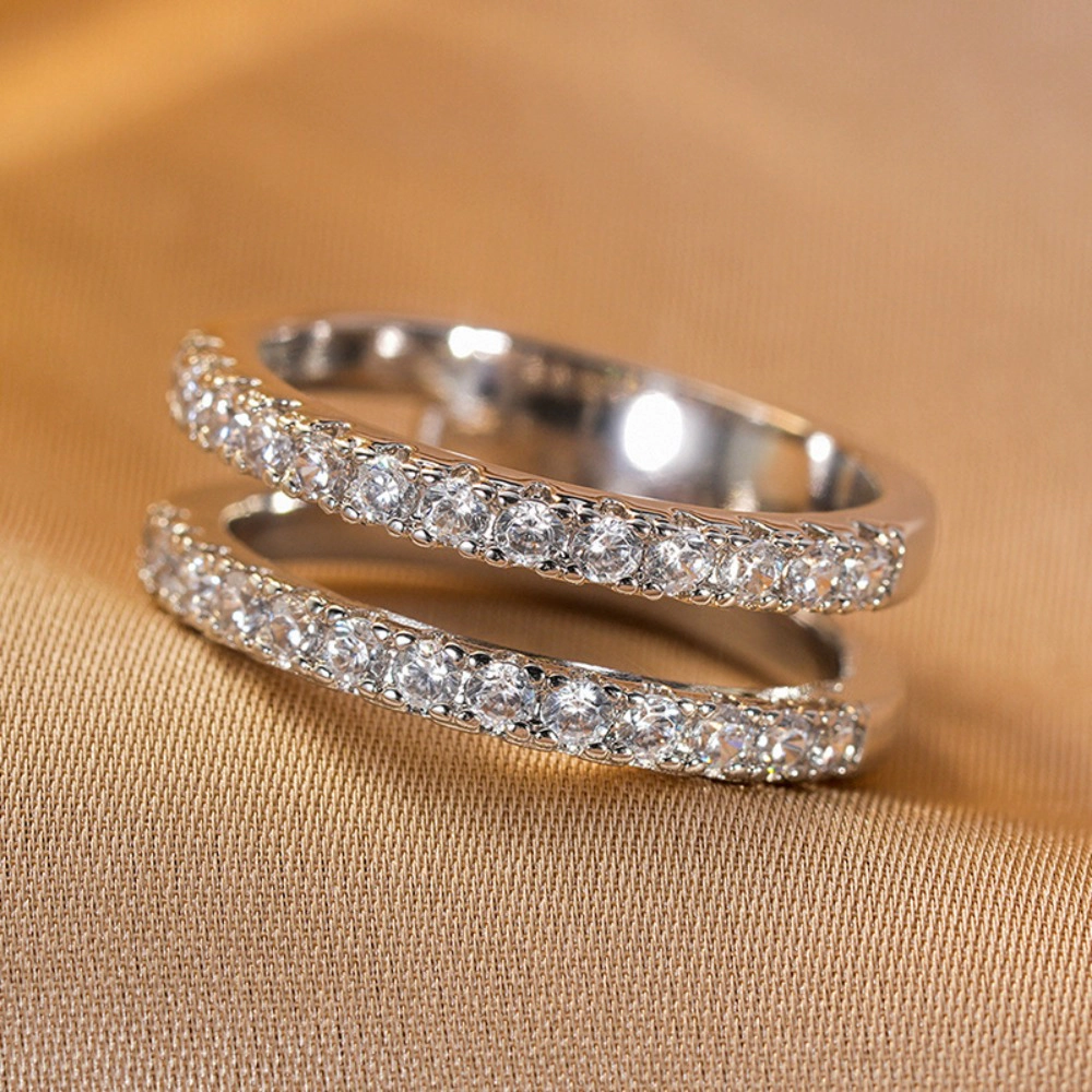 Women Dainty Cubic Zirconia Half Eternity Stackable Engagement Enhancer Guard Double Ring