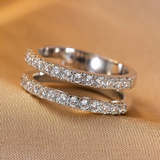 Women Dainty Cubic Zirconia Half Eternity Stackable Engagement Enhancer Guard Double Ring