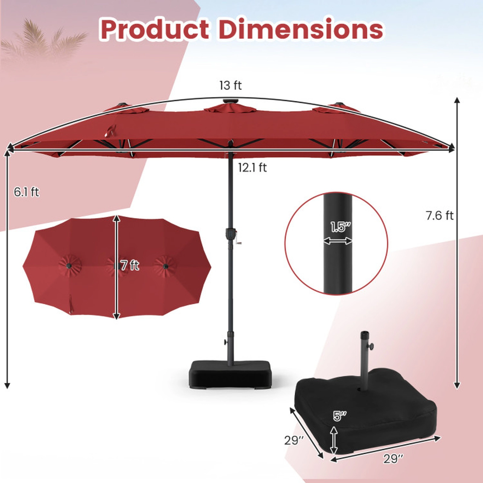 SUGIFT 13-ft Wine Rectangular Double-Sided Solar LED Patio Umbrella, 108 Lights, Crank Lift