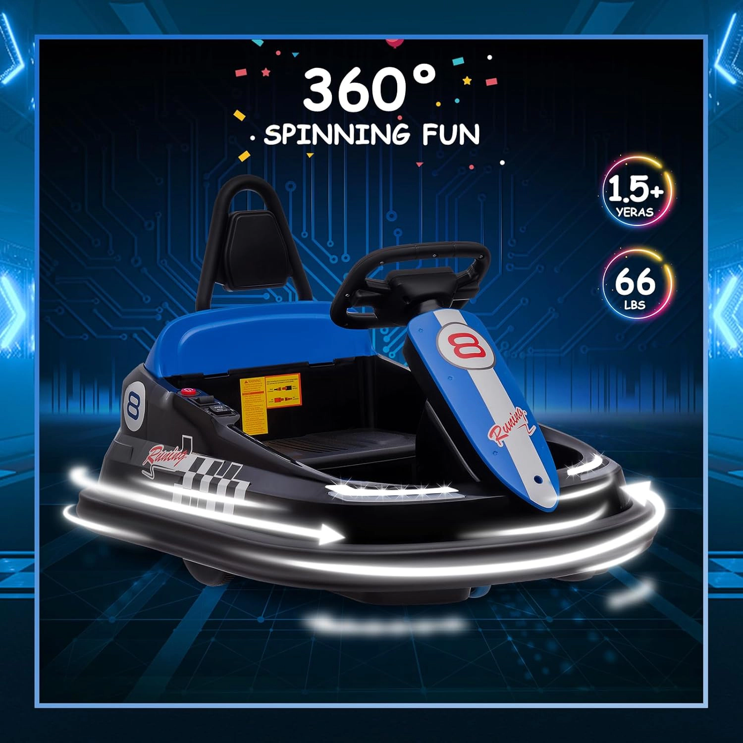 Enjyam 6V Kids Bumper Car for Toddlers, Electric Ride On Toy w/Remote, 360 Degree Spin,8 Speeds,Lights,Music & Horn