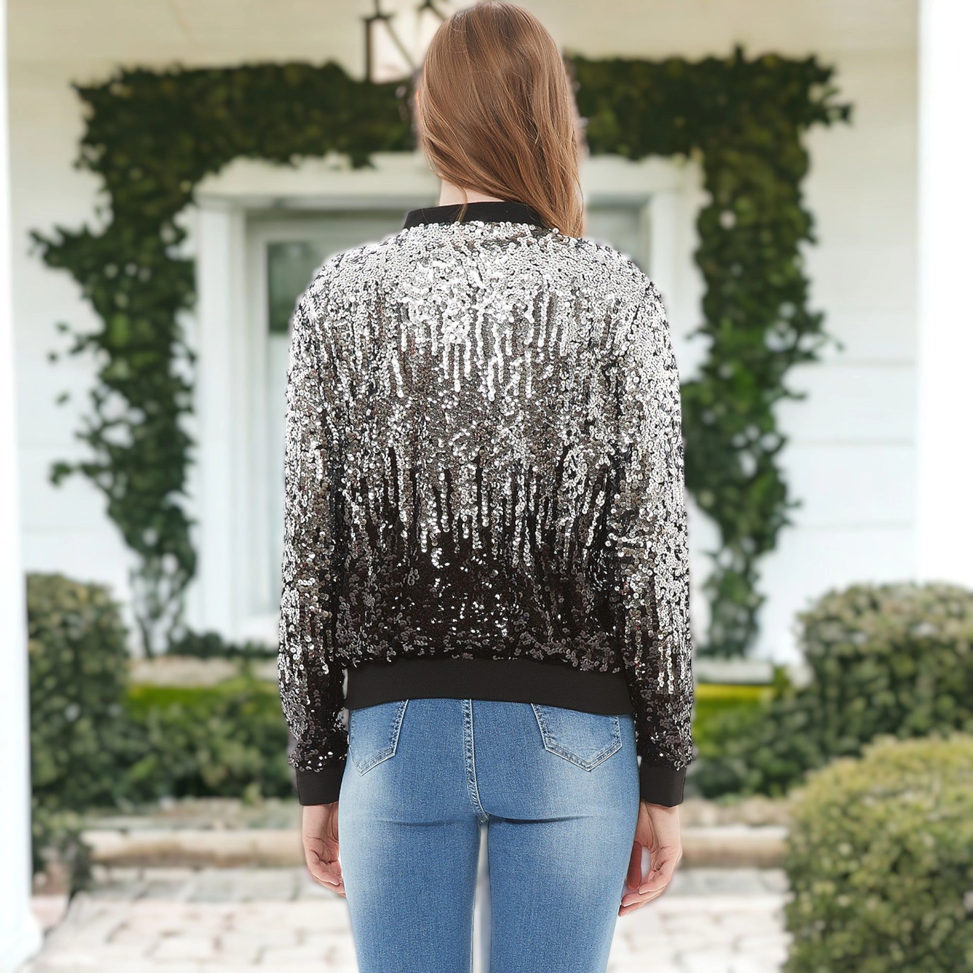 Anna-Kaci Women's Sequin Bright Zig Zag Ombre Sparkle Bomber Zip-Up Jacket with Casual Fit