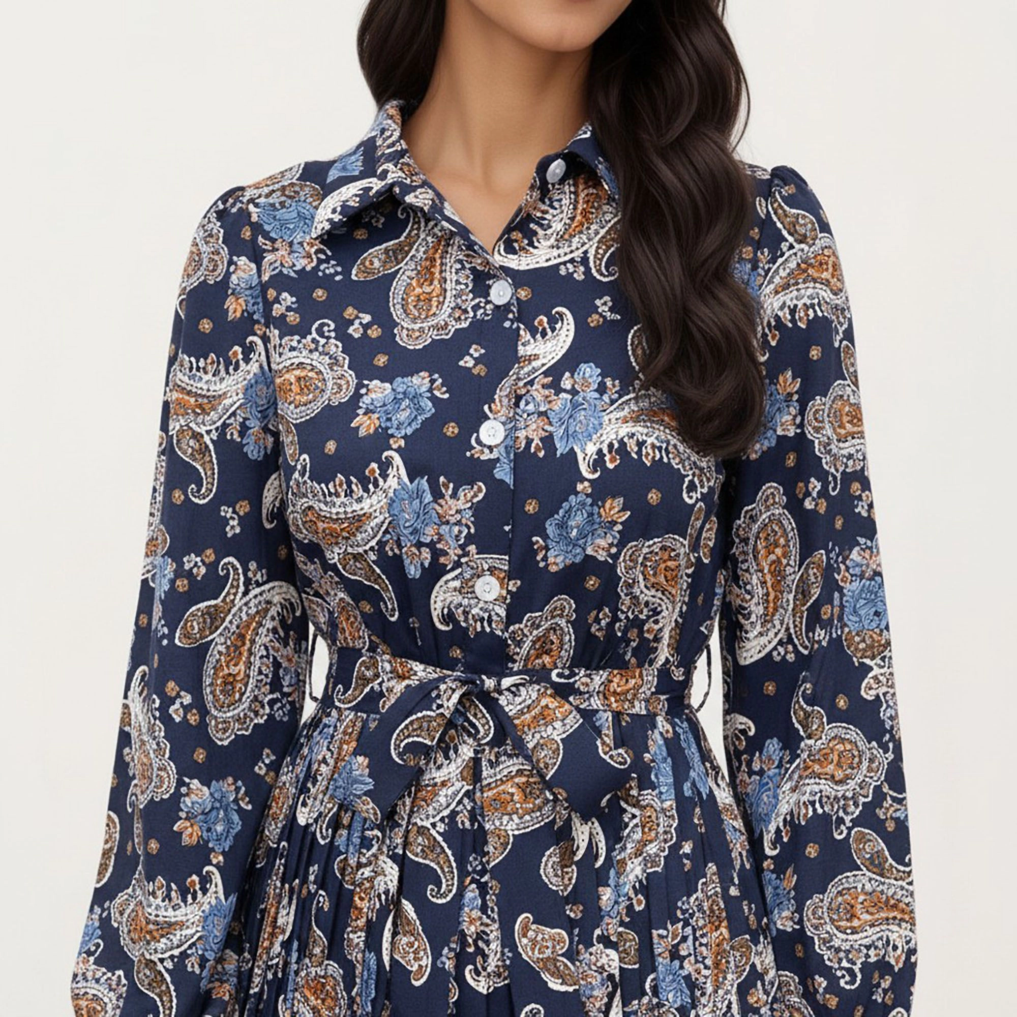 Anna-Kaci Women's Paisley Print Pleated Tie Waist Long Sleeve Shirt Dress