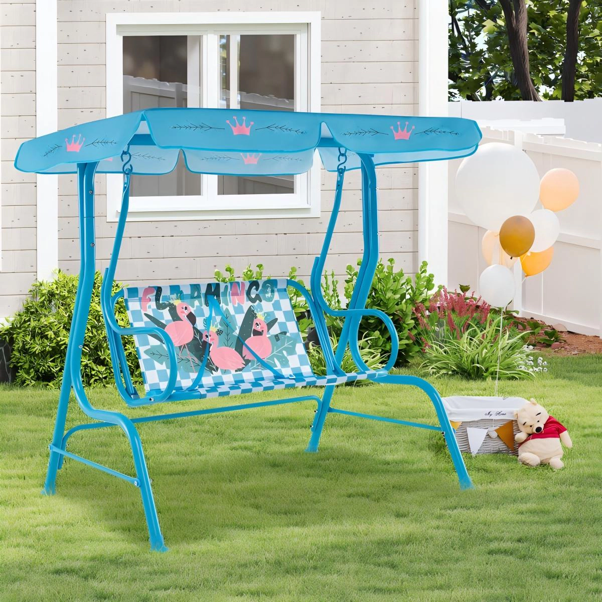 SUGIFT 2-Seat Kids Outdoor Swing with Metal Stand, Canopy and Safety Belts, Navy