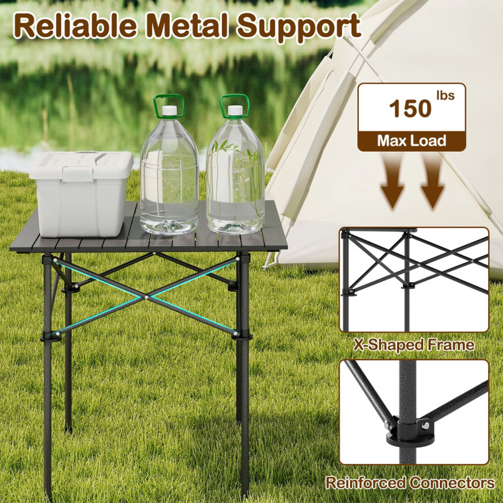 SUGIFT 28-Inch Square Roll-Up Aluminum Camping Table, 150-Lb Capacity, Carrying Bag