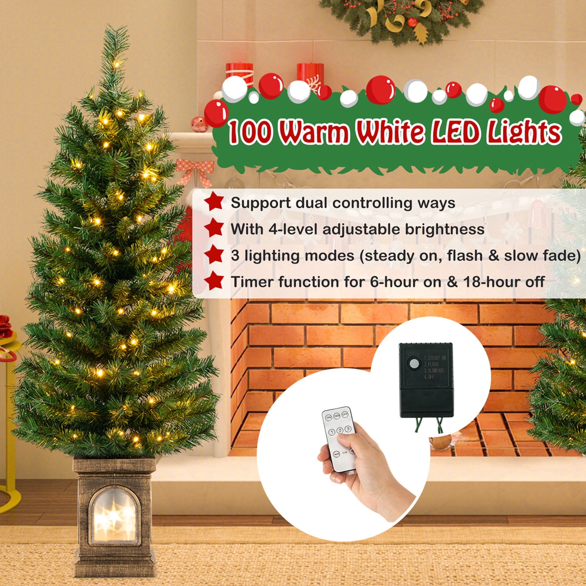 Costway 1 PC 4 FT Pre-Lit Potted Christmas Tree Artificial Entrance Decor with 3 Lighting Modes
