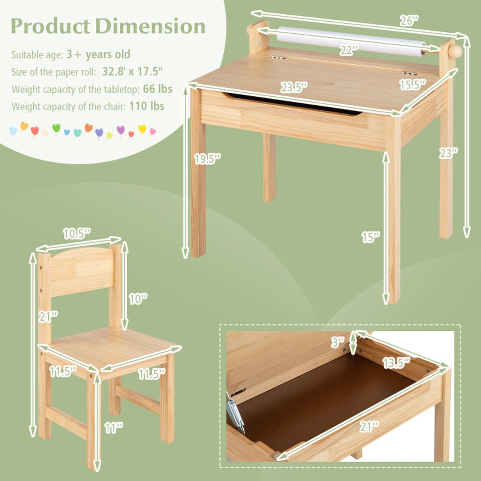 SUGIFT Natural Paper Roll Holder and Flip Top Toddler Activity Table and Chair Set
