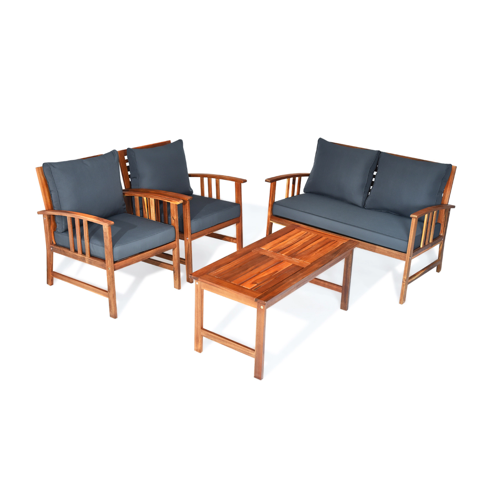 LJG 4 Pcs Wooden Patio Furniture Set Table Sofa Chair Cushioned Garden