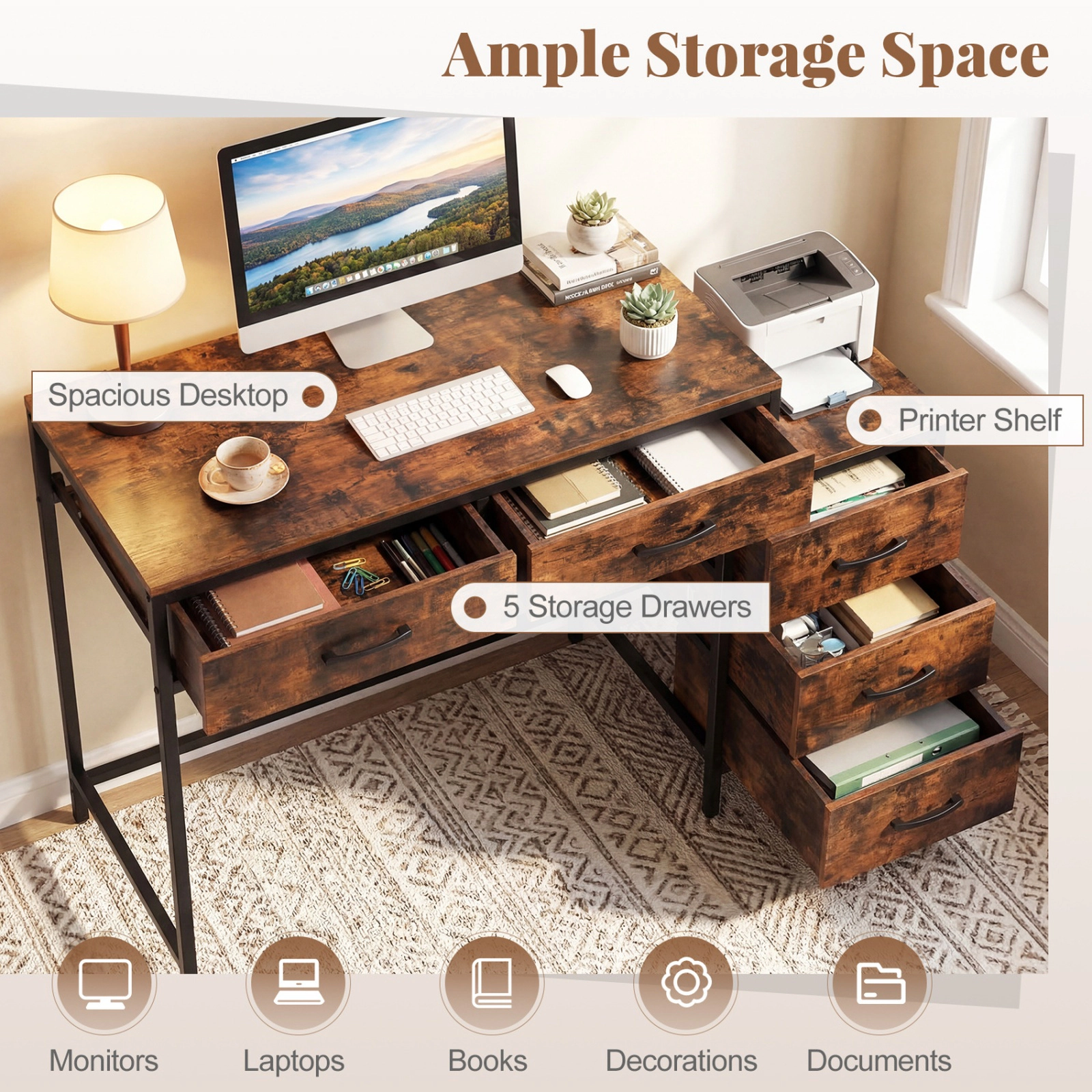 SUGIFT 51-Inch Rustic Brown Computer Desk with 5 Drawers, Printer Stand and Reversible Storage Tower