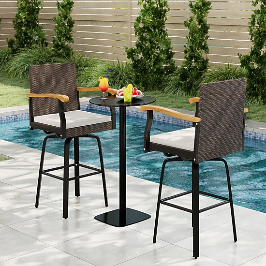 SUGIFT Swivel Rattan Patio Bar Stools Set of 2 with Acacia Wood ...
