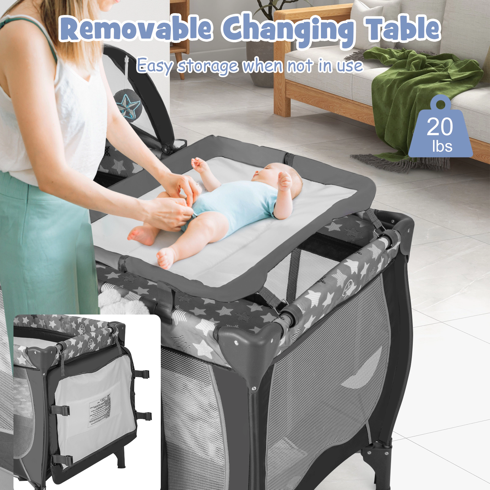 SUGIFT 4-in-1 Portable Baby Playard Playpen with Changing Table Bassinet Canopy Net and Music Box