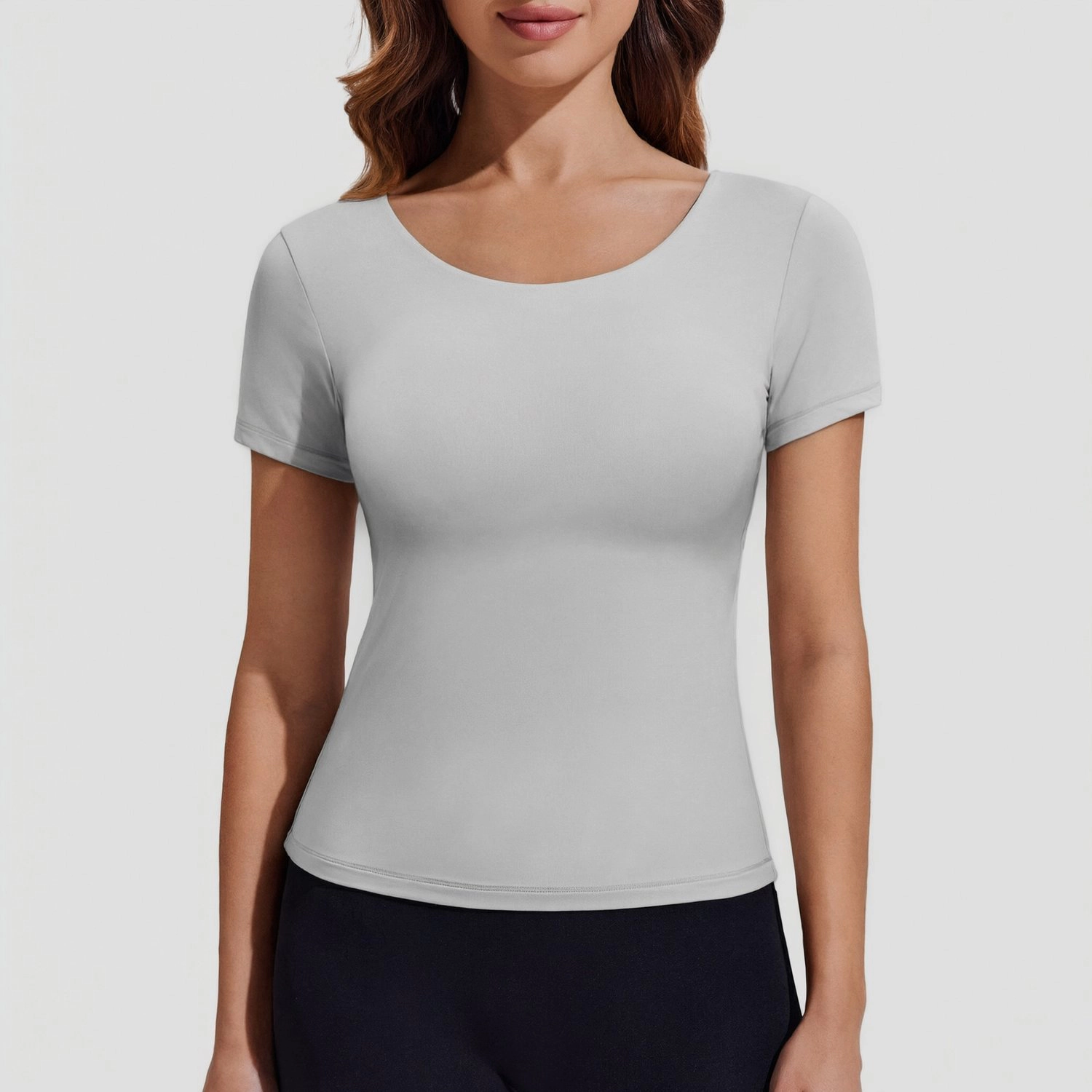 Pinspark Womens Classic Scoop Neck Short Sleeve Tee Solid Light Gray Slim Fit T-Shirt