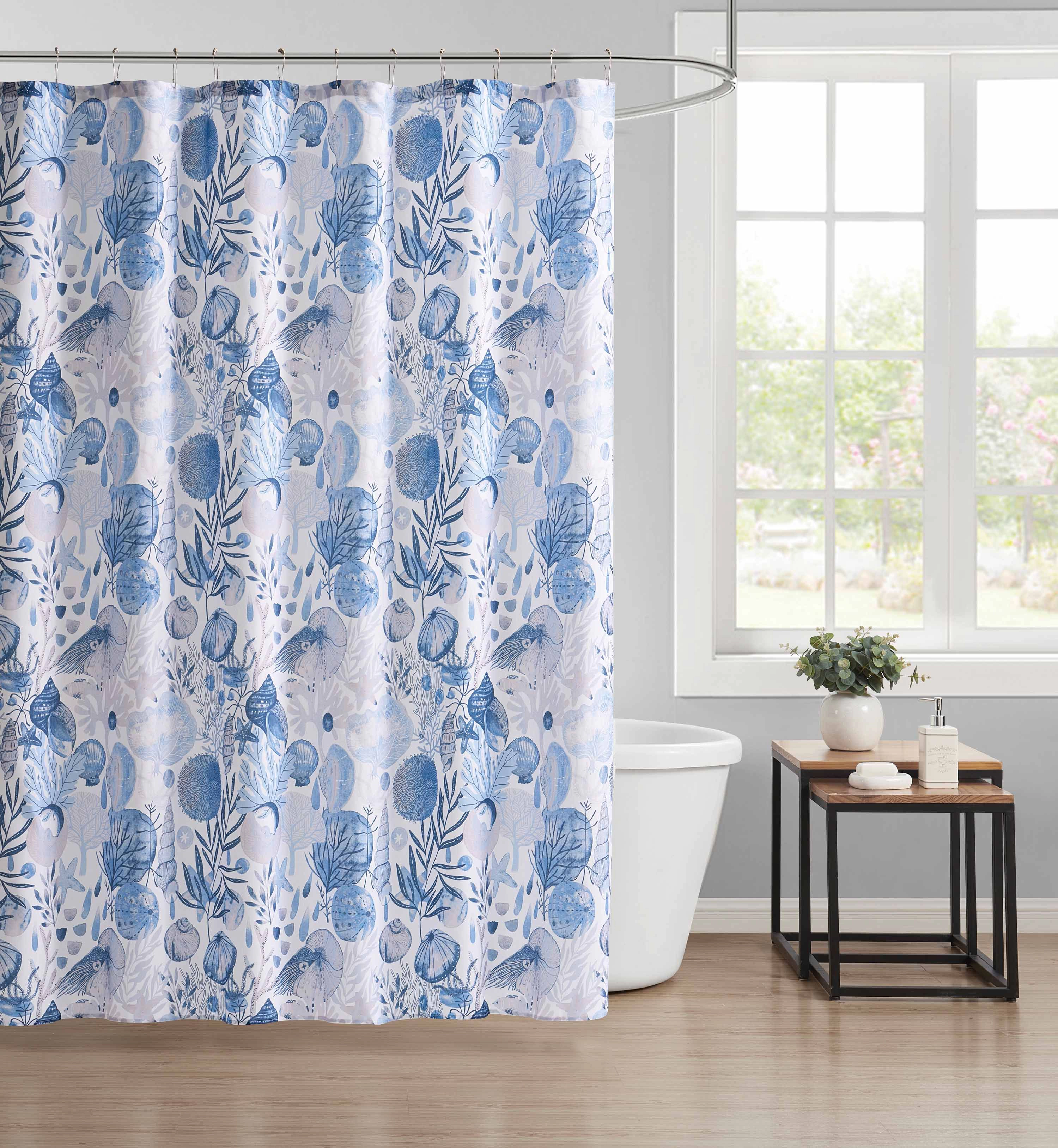 Kate Aurora Nantucket Harbor Blue Coral & Seashells Fabric Shower Curtain