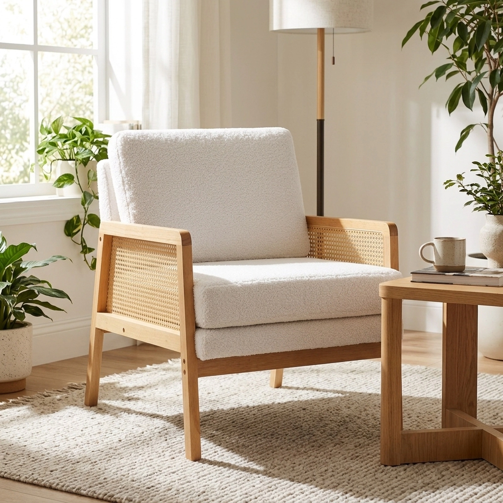 SUGIFT Mid-Century Modern Accent Chair, PE Rattan Arms, Sherpa Upholstery, Natural