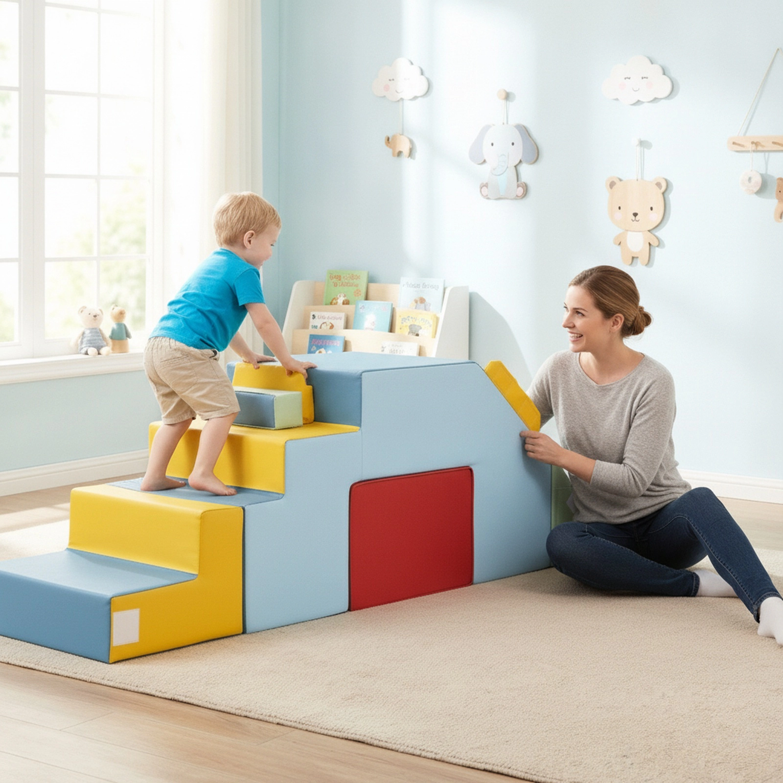 Kids Soft Foam Play Blocks Convertible Slide Crawl Tunnel Table Chair Set Machine-Washable Velvet Covers Ages 1+ Blue