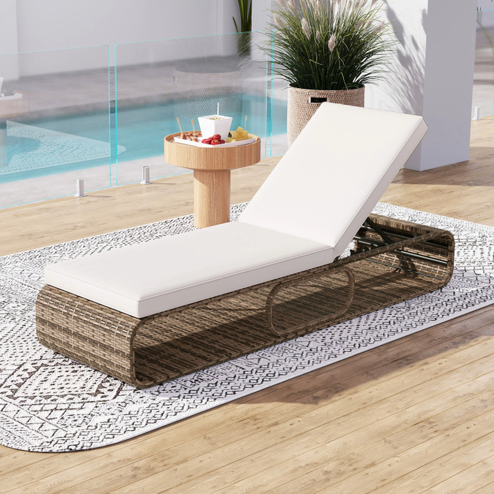 SUGIFT 7-Position Adjustable PE Rattan Outdoor Chaise Lounge Chair 400-Lb Capacity Mix Brown with Off-White/Navy Cushion