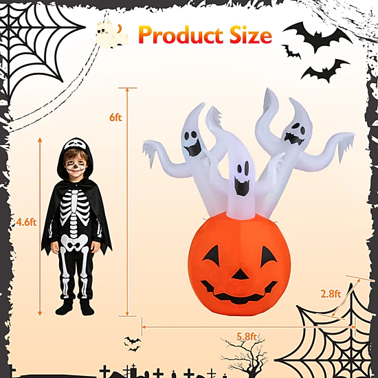 SUGIFT 6-ft Inflatable Ghost Pumpkin Halloween Decoration with Colorful ...