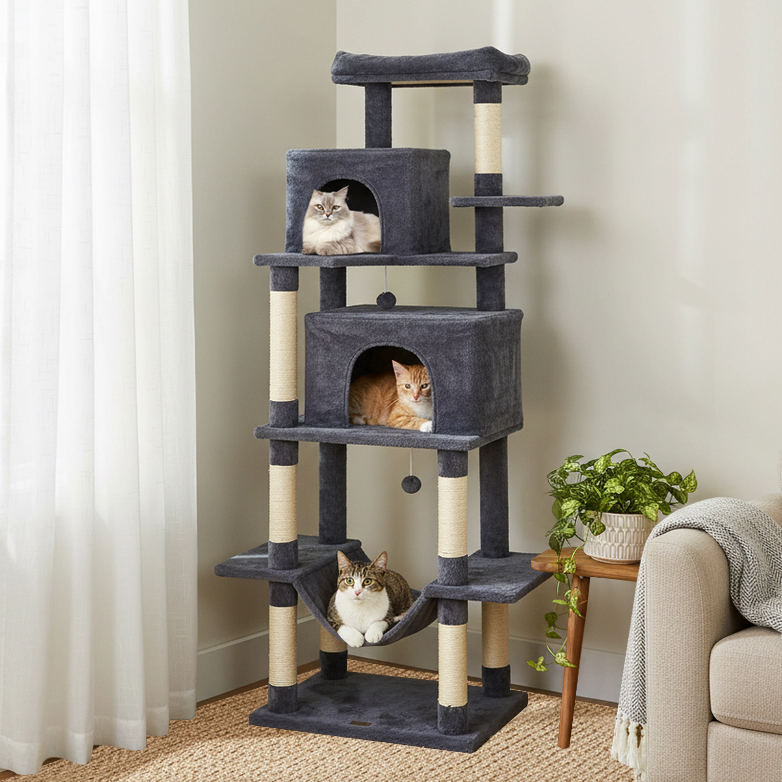 SUGIFT Multi-Level 70-in Tall Cat Tree Tower with Hammock and Dual Condos 33-lb Capacity Beige Deep Gray Light Gray