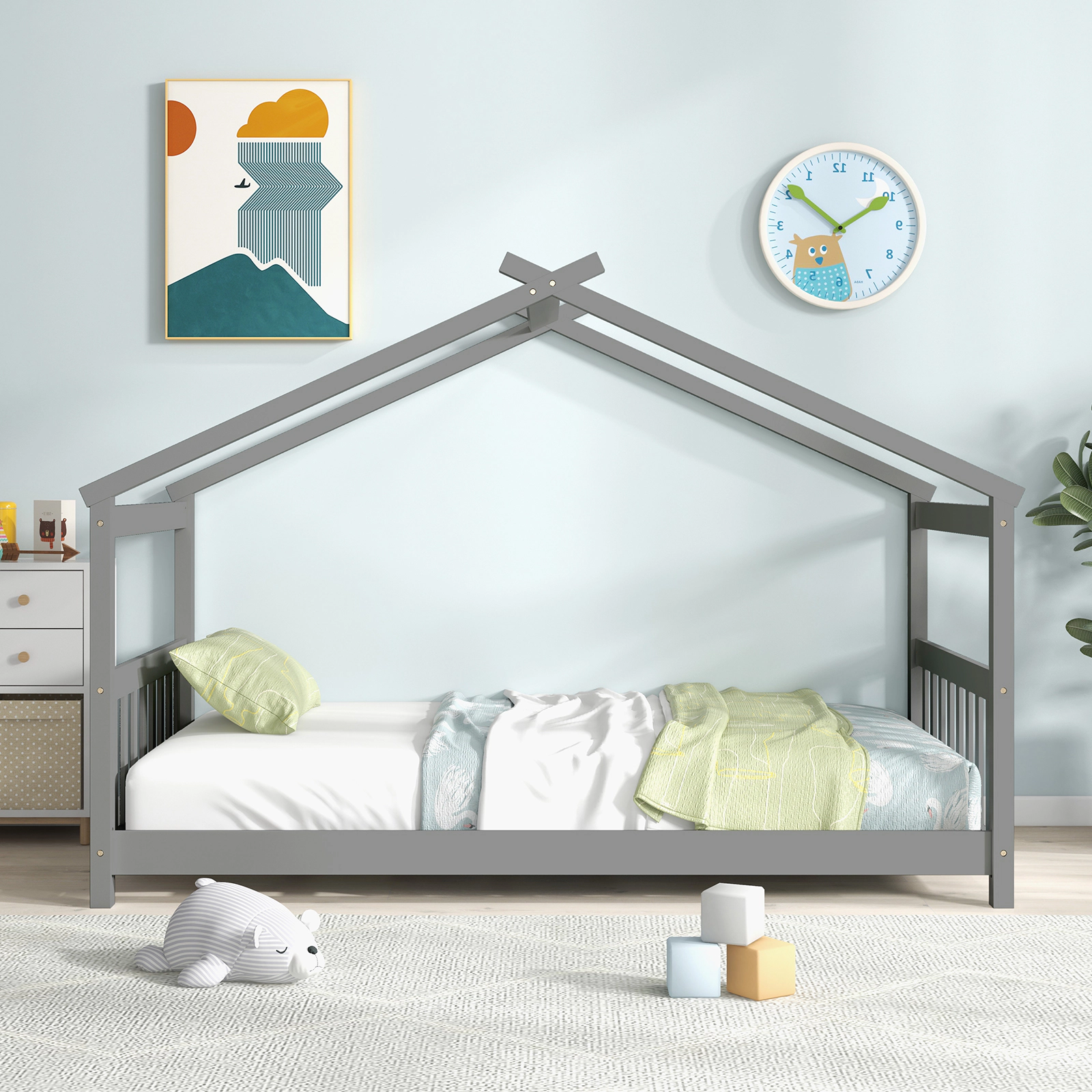 SUGIFT Twin House Bed Frame, Gray Wood Kids Platform Bed with Roof, Headboard, Footboard and 8 Slats