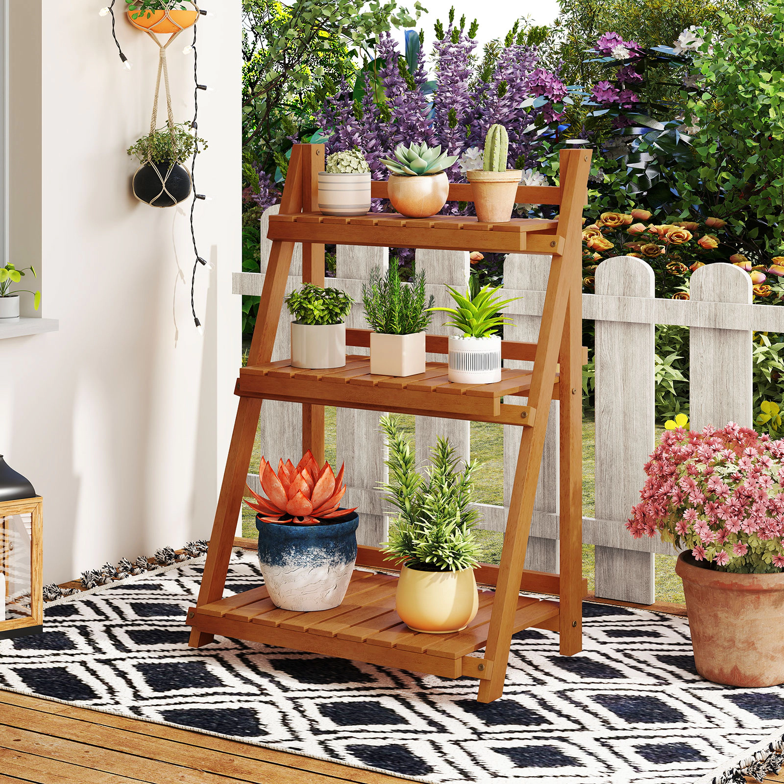 Slickblue Wooden 3 Tier Plant Shelf Foldable Ladder Rack for Indoor Balcony Garden Plants