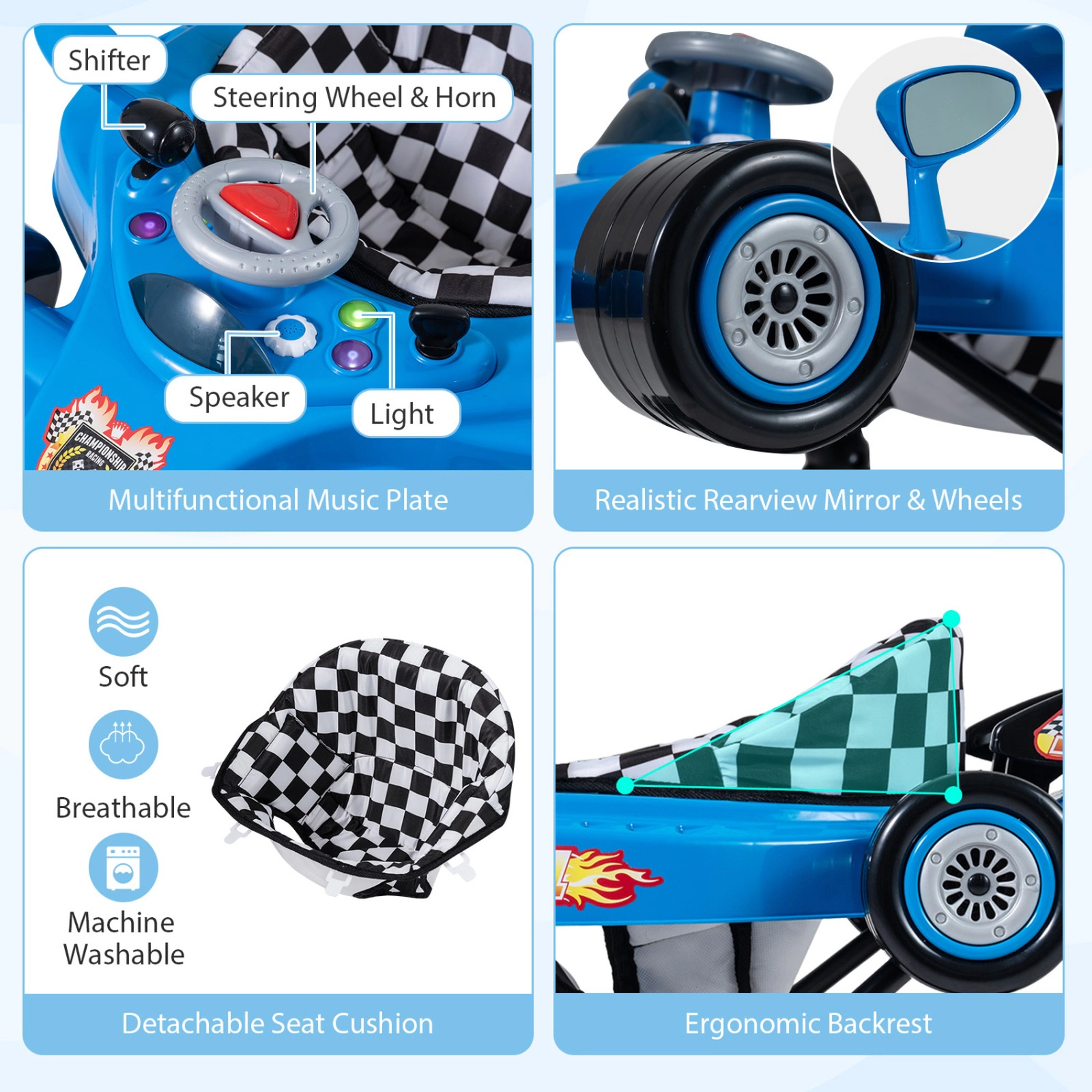 SUGIFT Convertible Baby Walker with 3 Adjustable Height Settings 26.5-lb Capacity Ages 7-14 Months Racing Car Style Blue