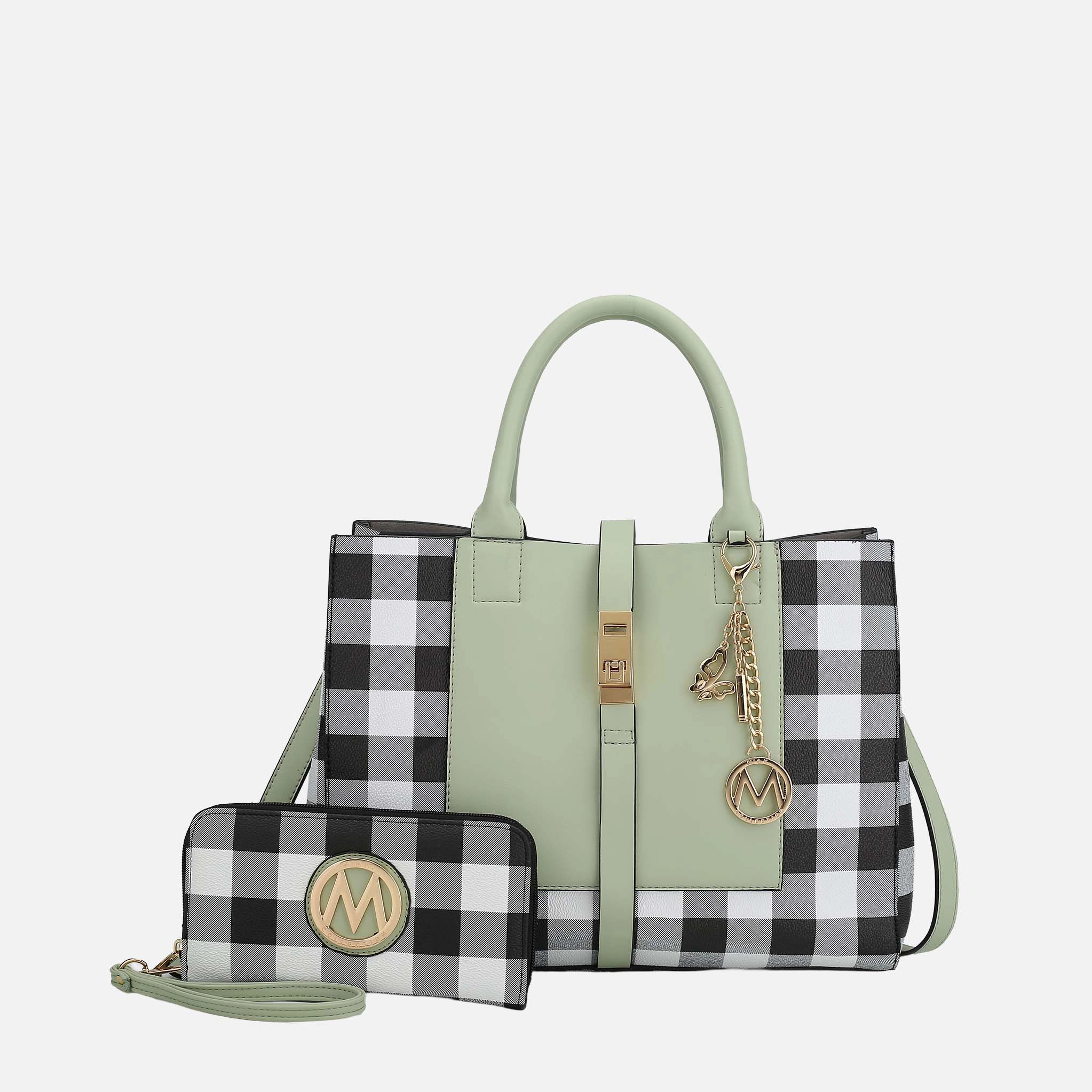 MKF Collection Yuliana Checkered Vegan Leather Satchel with Matching Wallet - Mint
