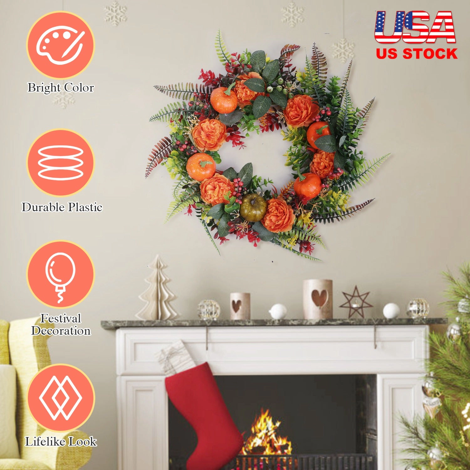 GBruno 17.71 In Autumn Wreath With Pumpkin And Leaves