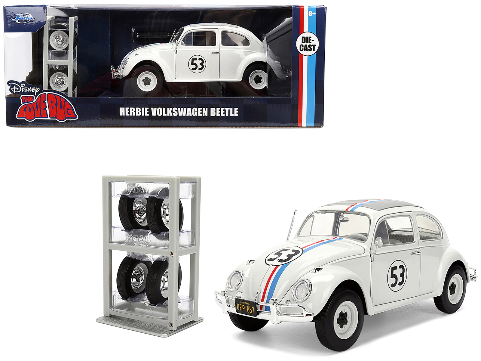 Jada Volkswagen Beetle #53 "Herbie" White with Stripes "The Love Bug" (1968) Movie with Extra Wheels 1/24