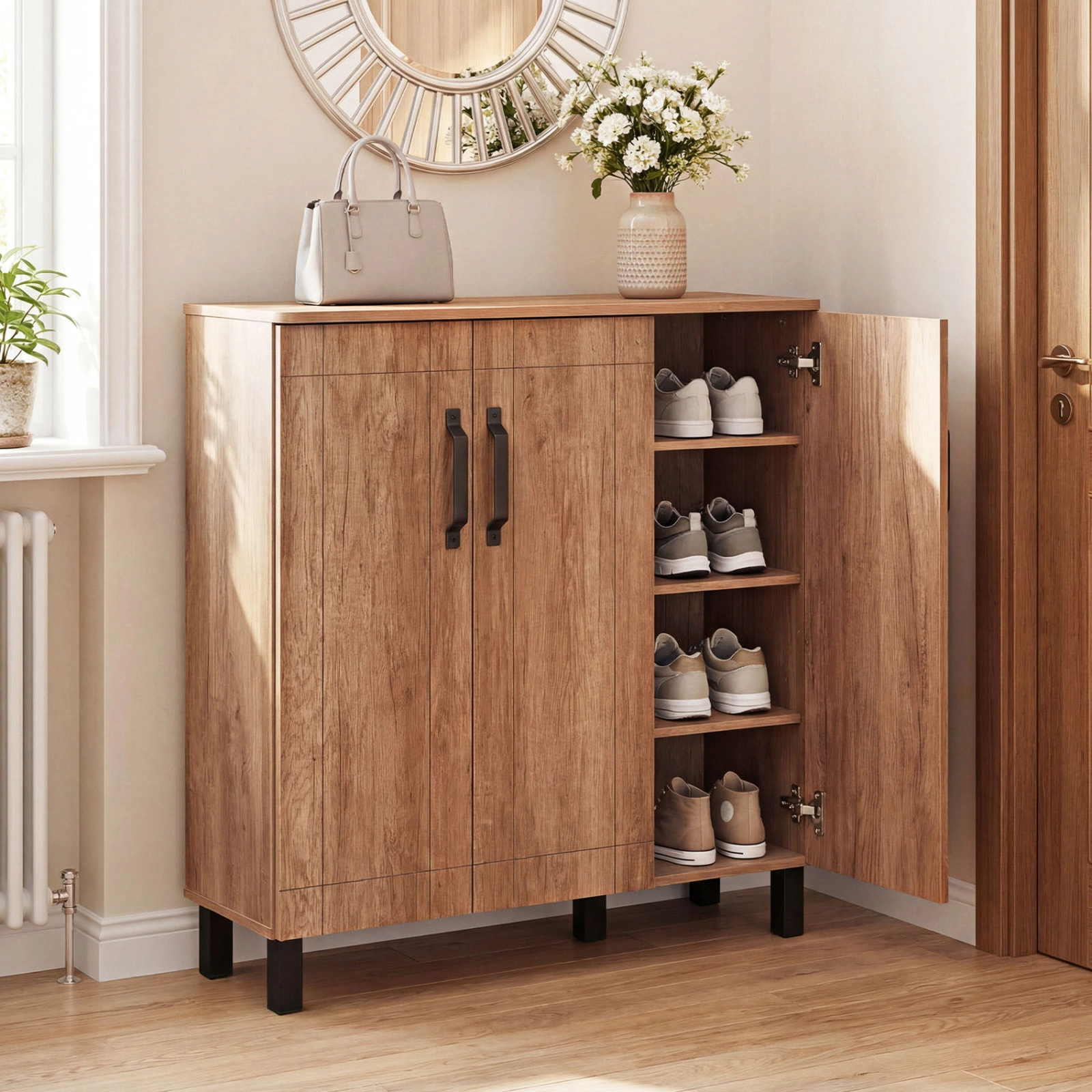 SUGIFT Mocha Oak Freestanding 35.5 Inch 5-Tier Shoe Storage Cabinet Rack Organizer
