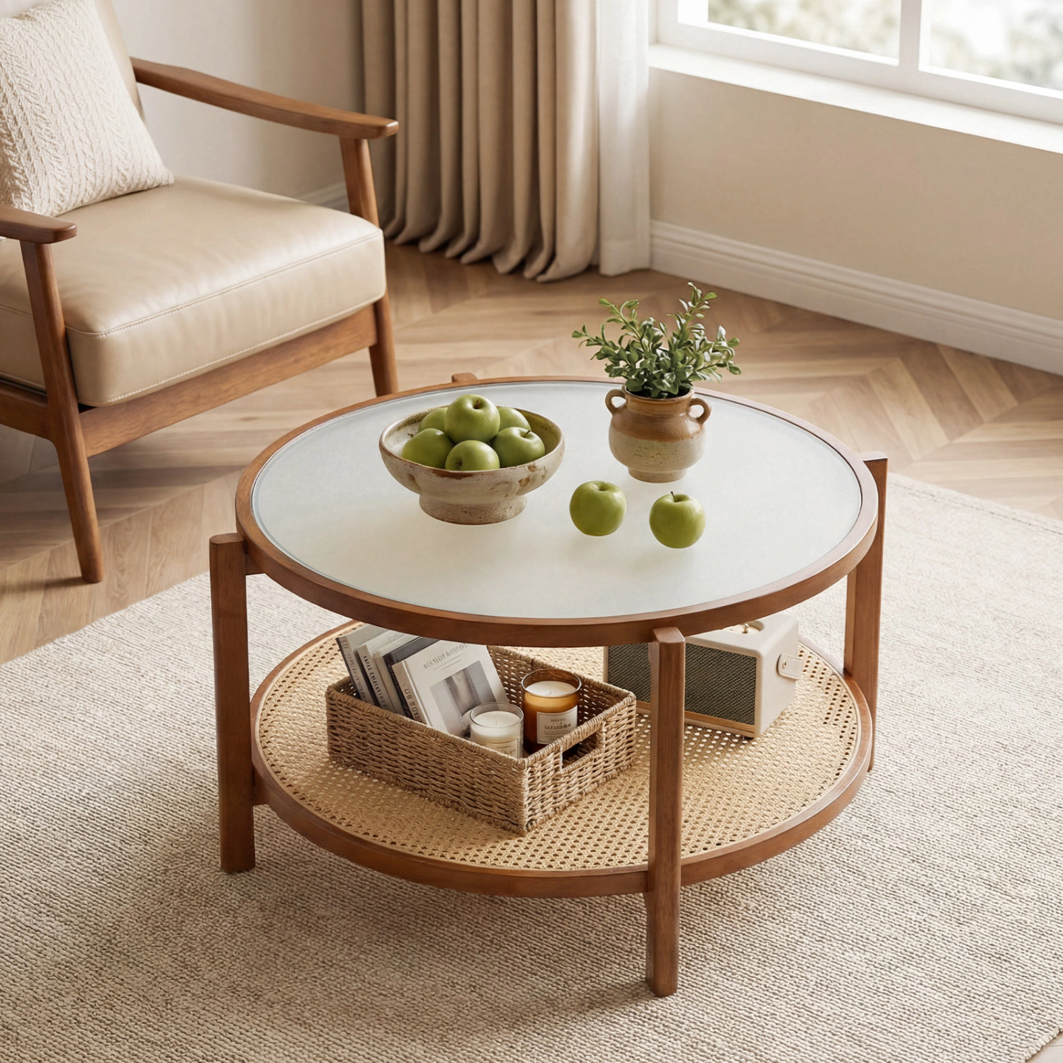 Glintex 2-Tier 35-Inch Round Coffee Table with Frosted Glass and Rattan, Walnut