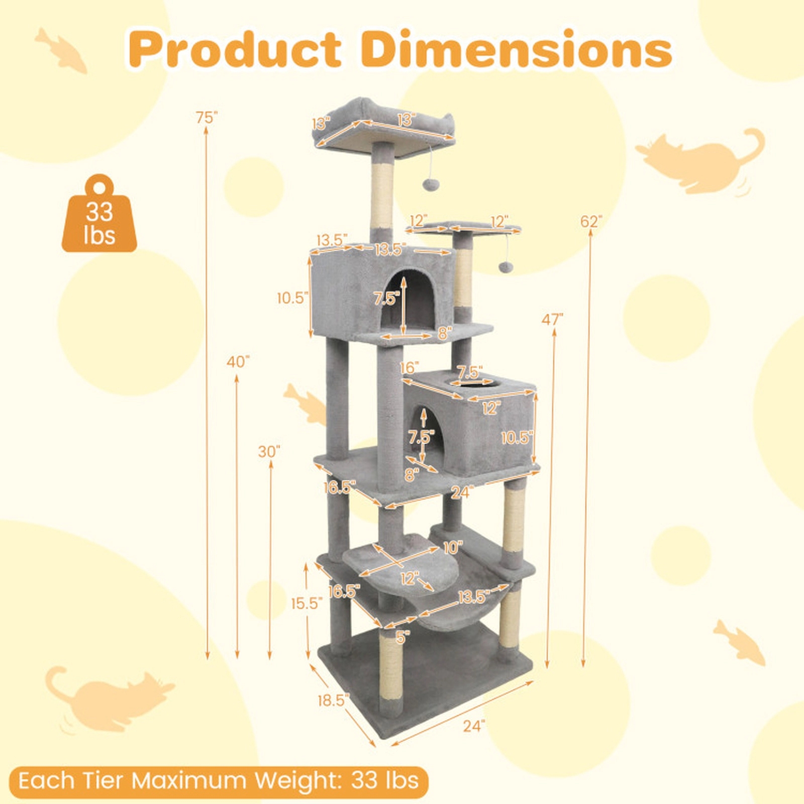 SUGIFT 58-in Gray Multi-Level Modern Cat Tree Tower with 2 Wide-Entry Condos Basket Hammock and Perch