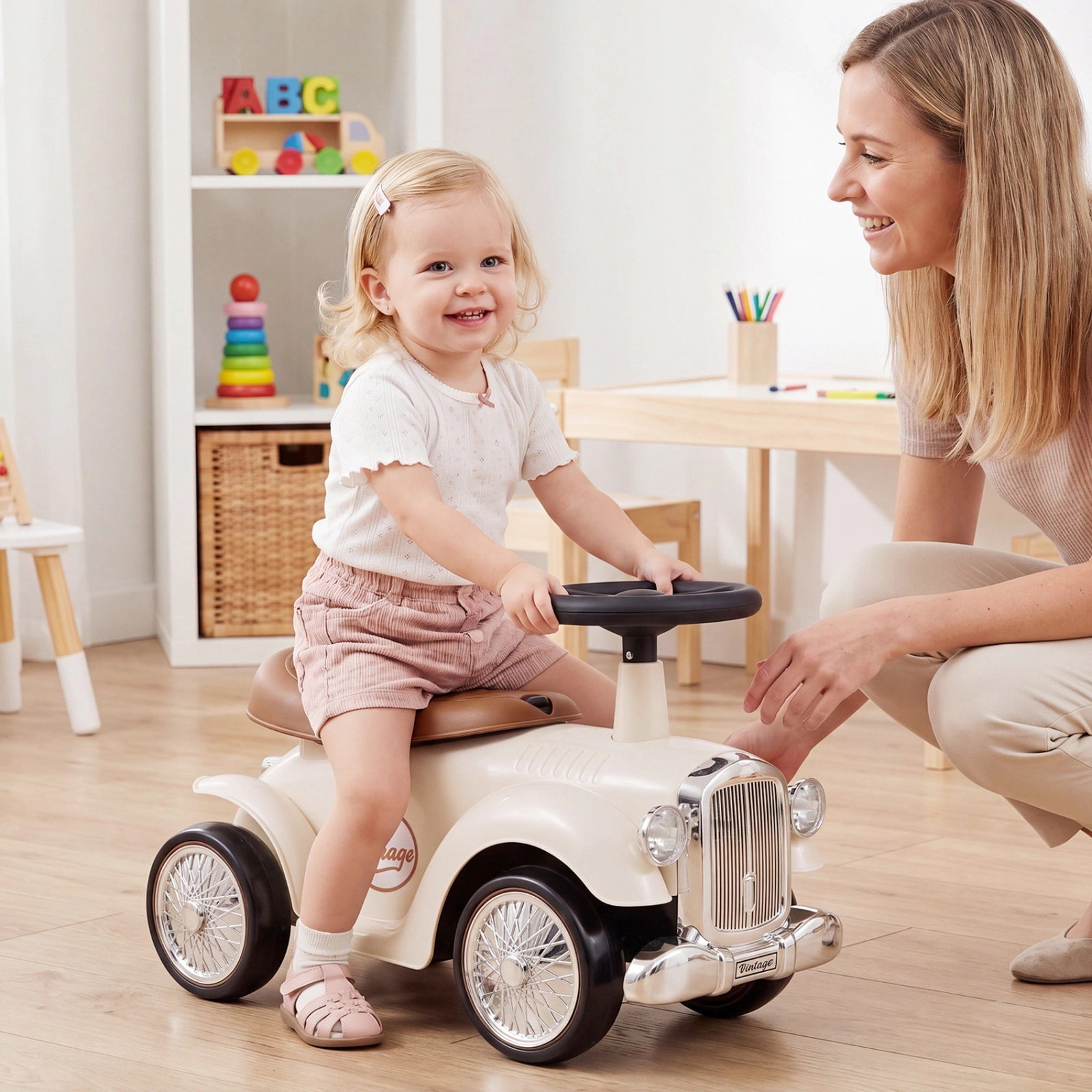 Kids Sit to Stand Ride on Vehicle Working Steering Wheel Under Seat Storage Retro Styling 18-36 Months 55-lb Limit