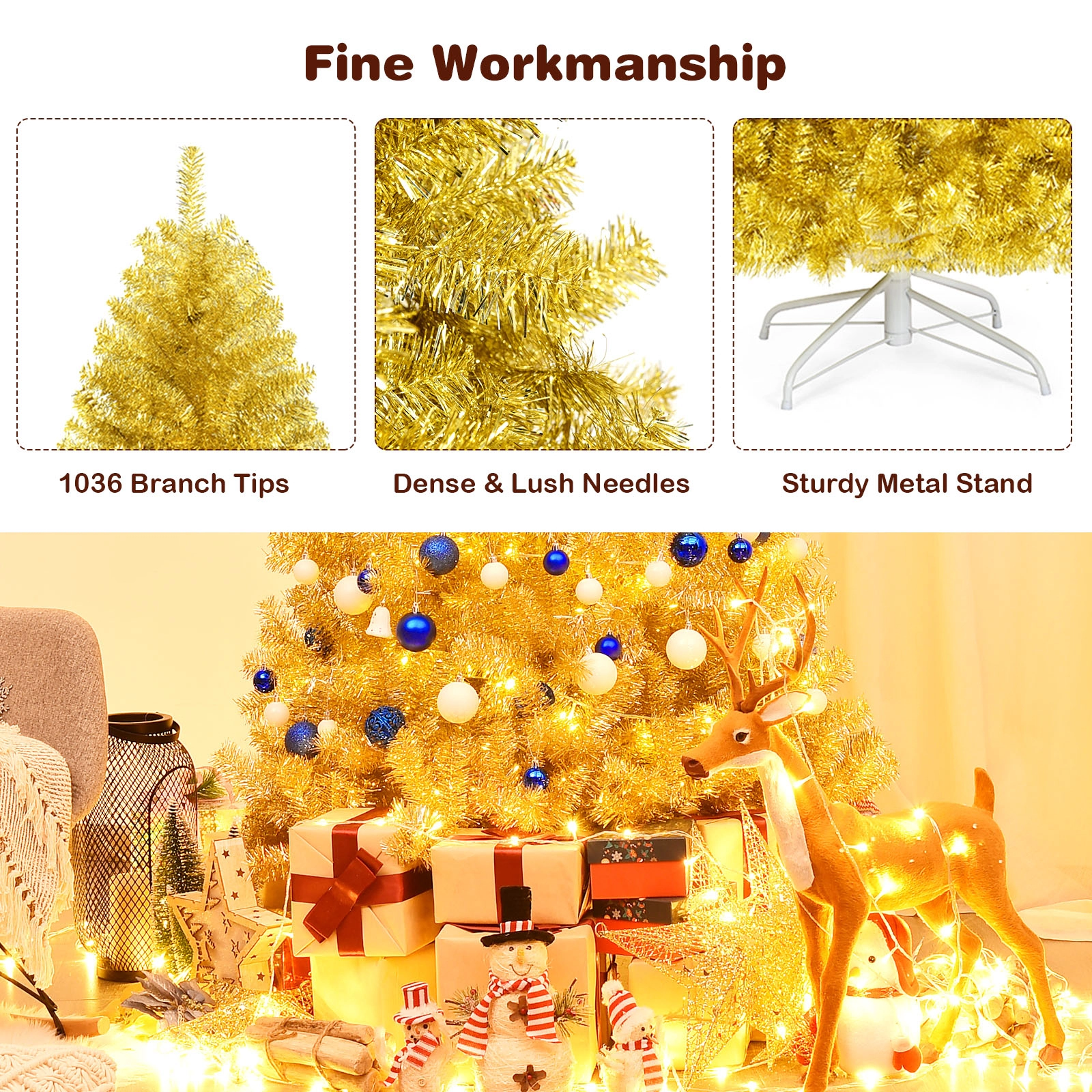 SUGIFT 6-ft Champagne Gold Tinsel Christmas Tree Hinged Artificial Tree with Foldable Metal Stand
