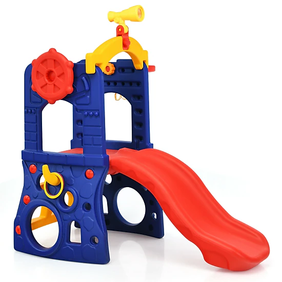 LJG 6-in-1 Freestanding Kids Slide with Basketball Hoop and Ring Toss