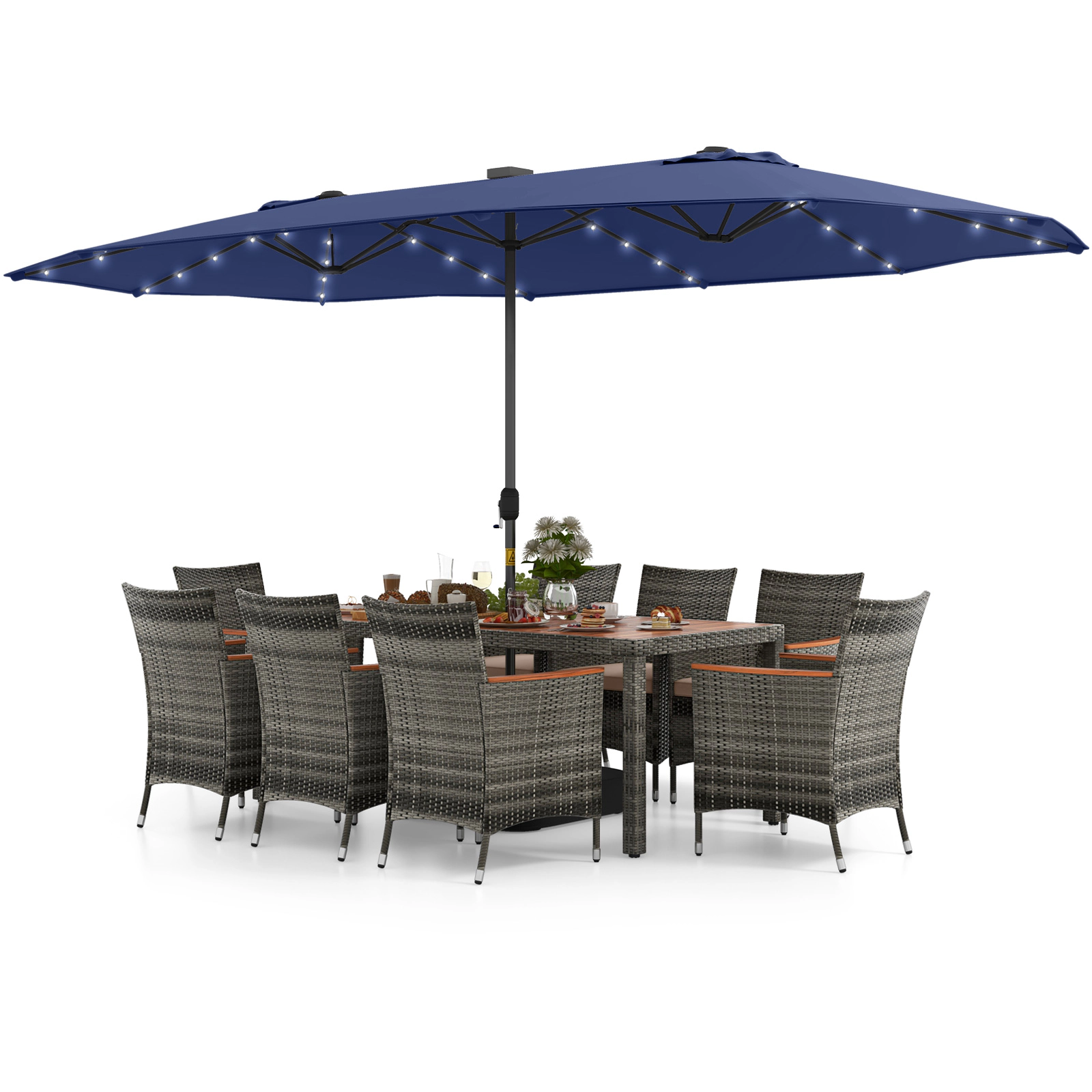 LJG 11 Pieces Patio Dining Set with 15 Feet Double-Sided Umbrella Base Included