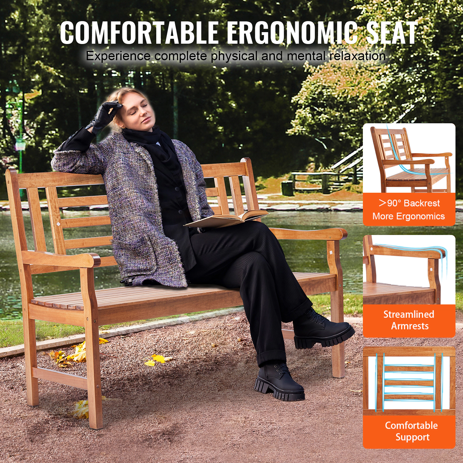 HONGGE Outdoor Bench Wood Garden Bench for Outdoors Outdoor Garden Park Bench with Backrest and Armrests Capacity Bench