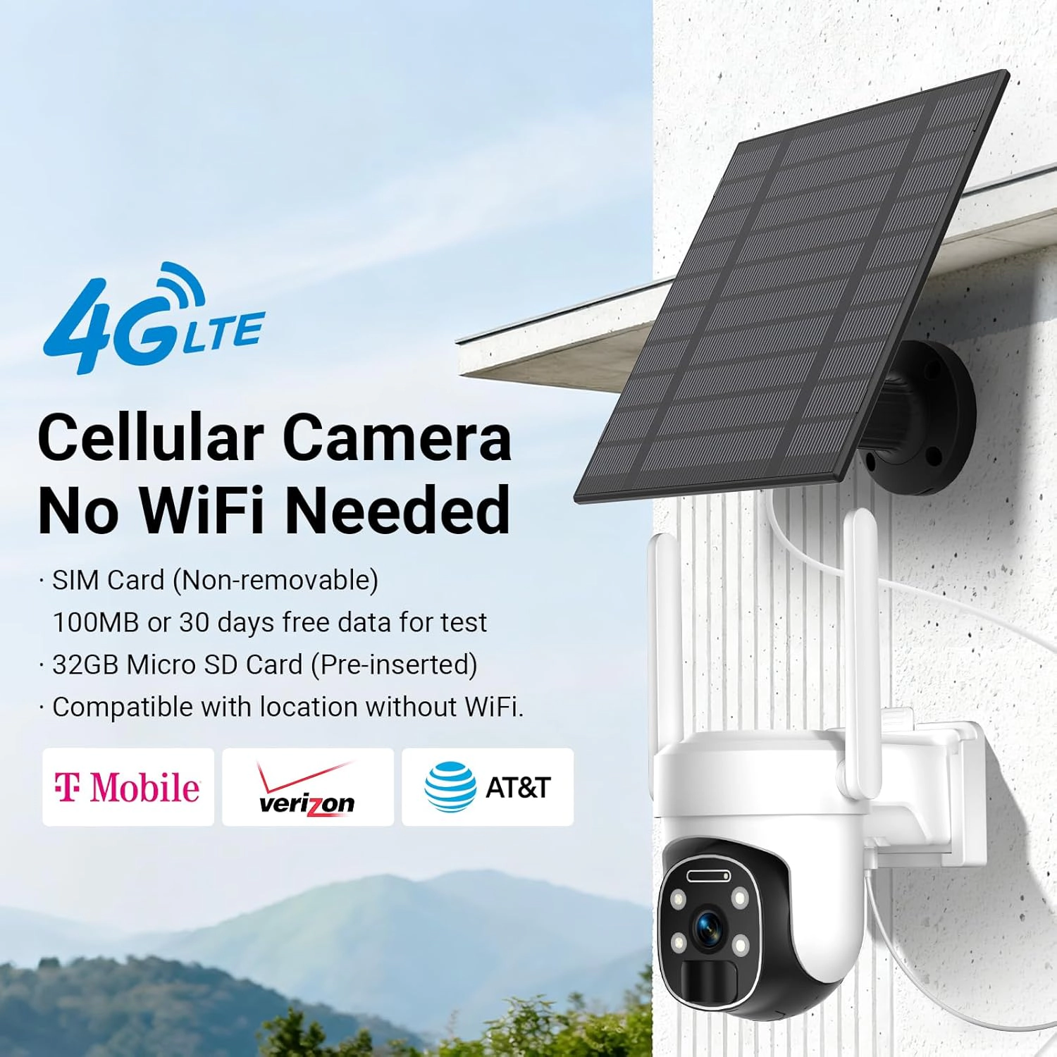 Sonicgrace 4G LTE Cellular 355°PTZ Solar 2K Security Camera