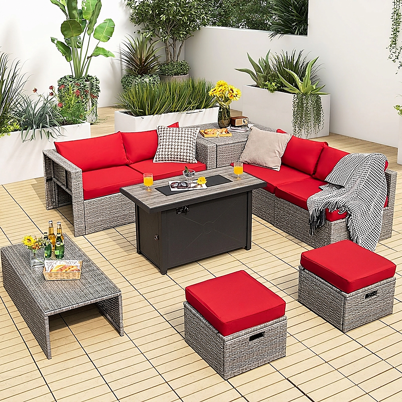 SUGIFT 9-Piece Gray PE Wicker Patio Set with 42-Inch 60,000 BTU Fire Pit Table