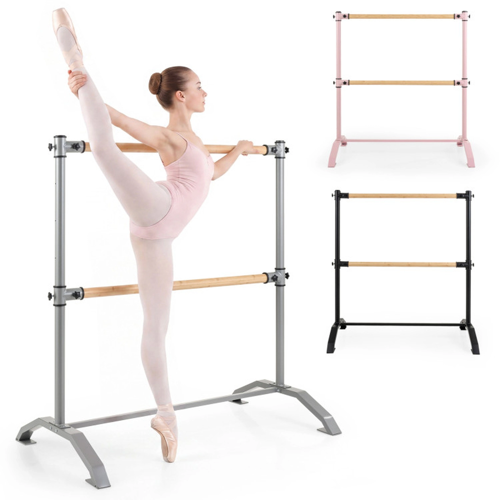 SUGIFT Double-Bar Ballet Barre Stretching Machine with 4-Level Height Adjustable Bar 145-lb Capacity Silver, Pink, Black