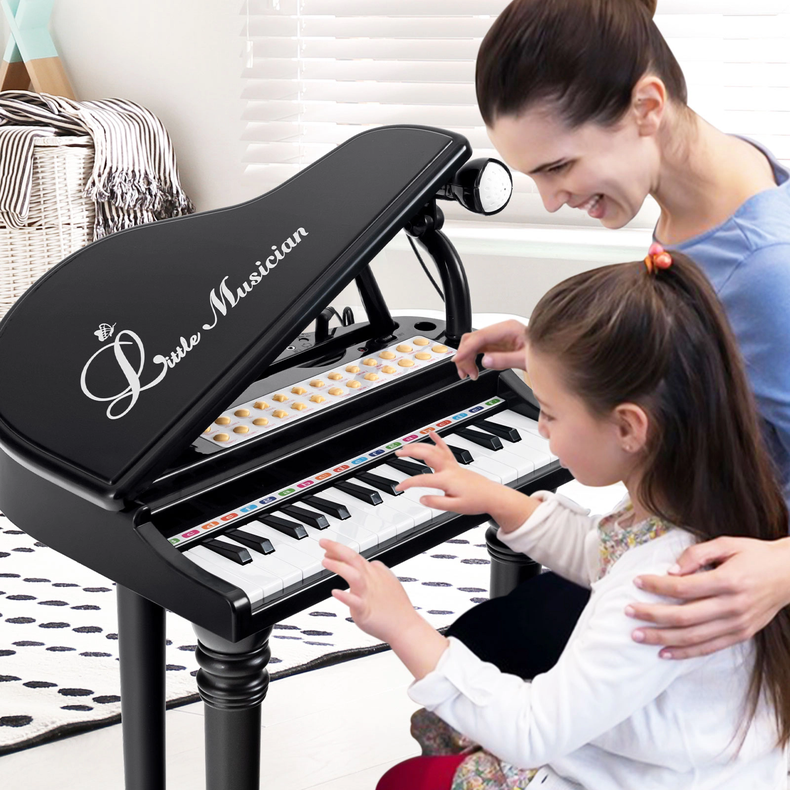 SUGIFT Kids Black 31-Key Toy Grand Piano with Stool and LED Teaching Lights 14-in W 12-in D 21.5-in H Ages 3+