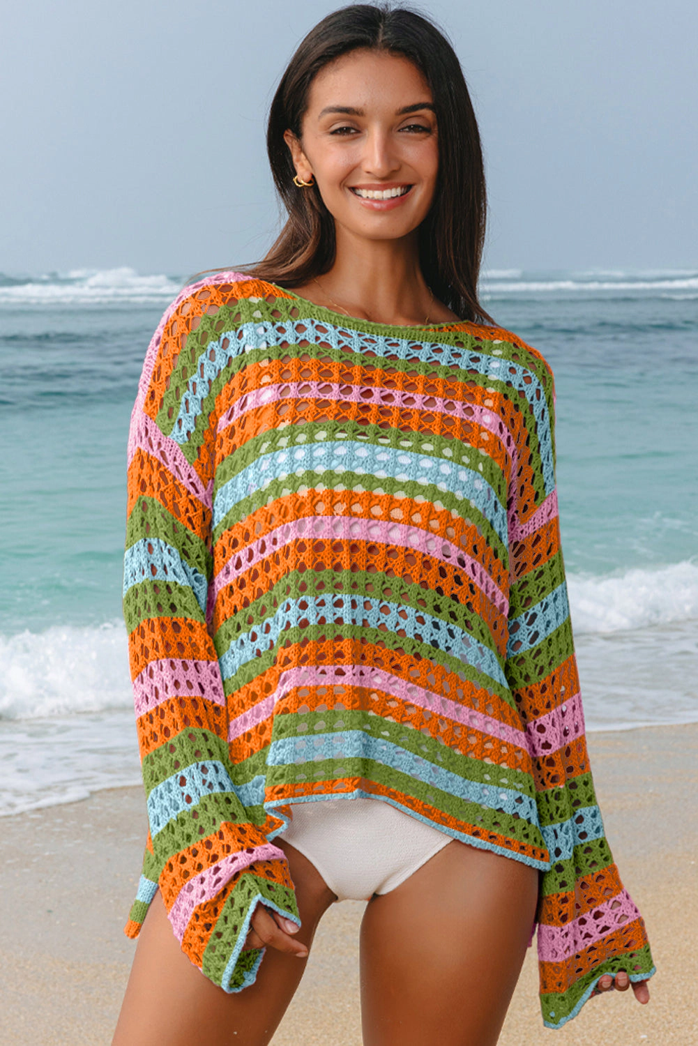 Threaded Pear Women's Cora Stripe Open Knit Sweater