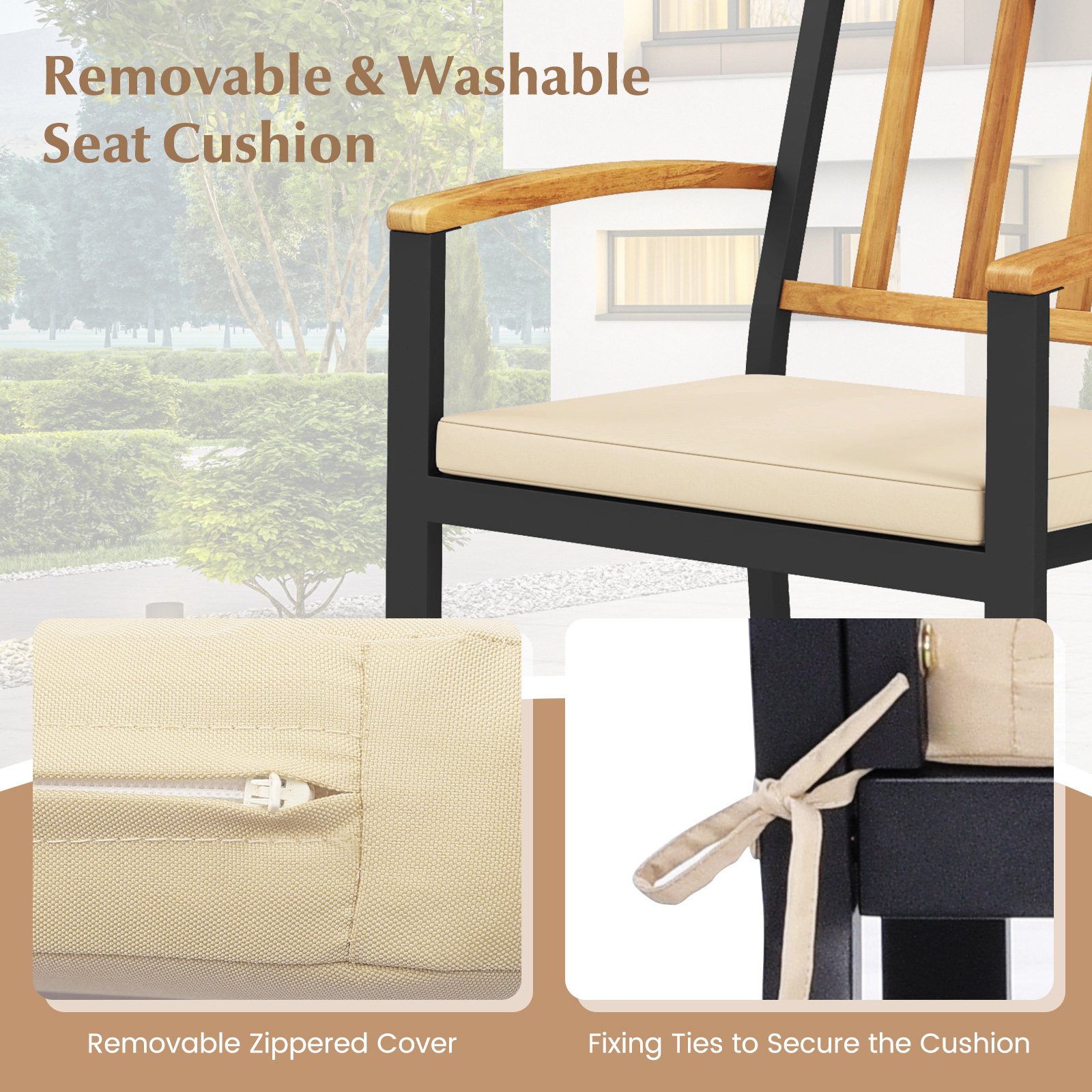 SUGIFT Set of 2 Outdoor Patio Dining Chairs with Cushions and Acacia Wood Armrests