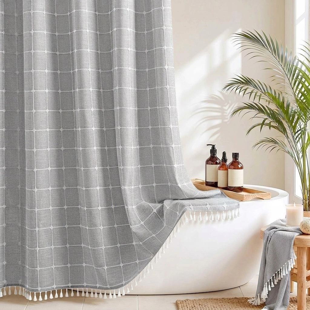 WZK Boho Farmhouse Tassel Snap In Liner No Hooks Quick Dry Washable Shower Curtain