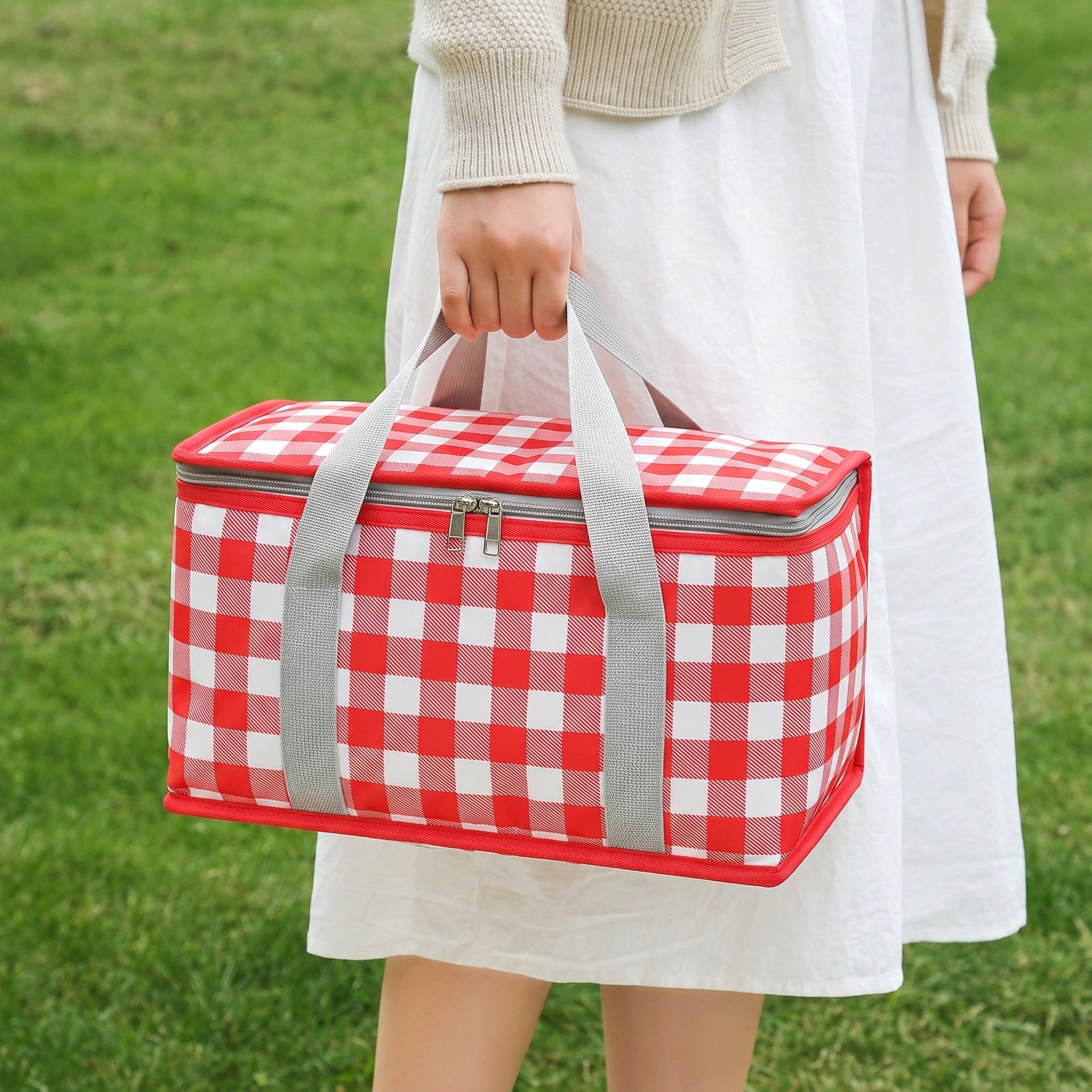Alilang Women's Insulated Picnic Lunch Bag with Zip Closure and Carry Handles, Yellow Gingham